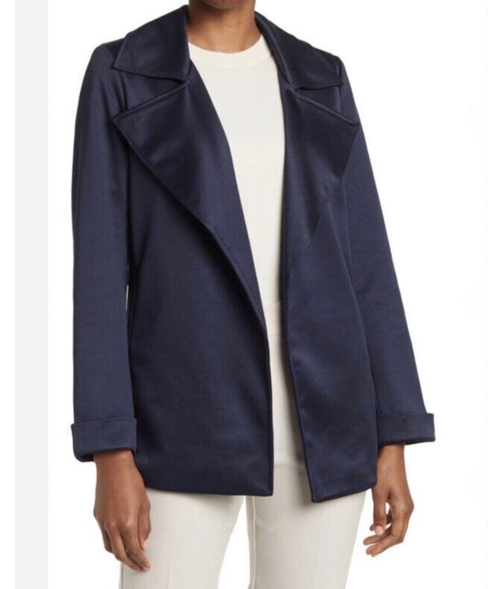 Adrianna Papell Women's Open Front Trench Jacket Blue Back Yoke Collar M NWT